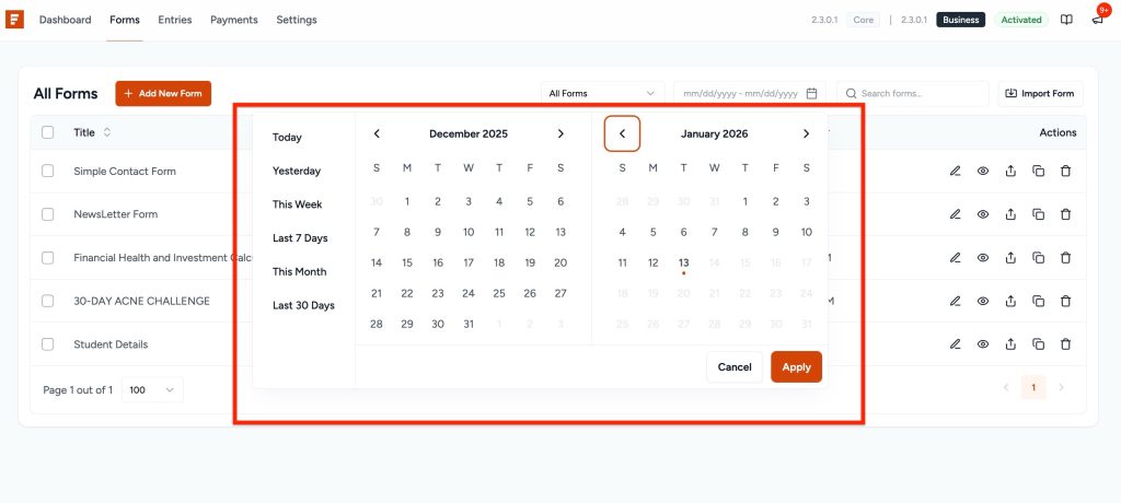 Managing Forms dates filter