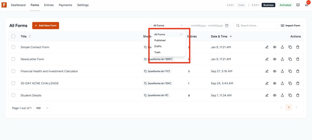 Managing Forms drop down all forms