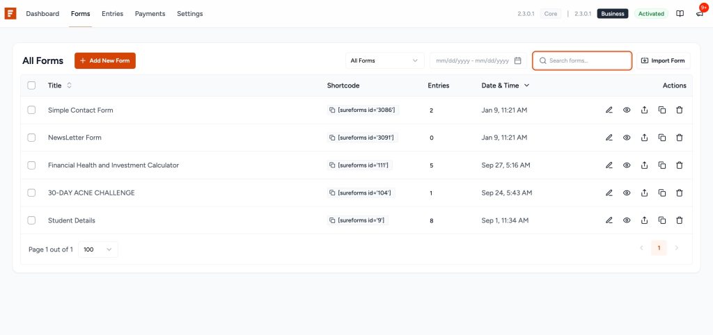 Managing Forms search forms