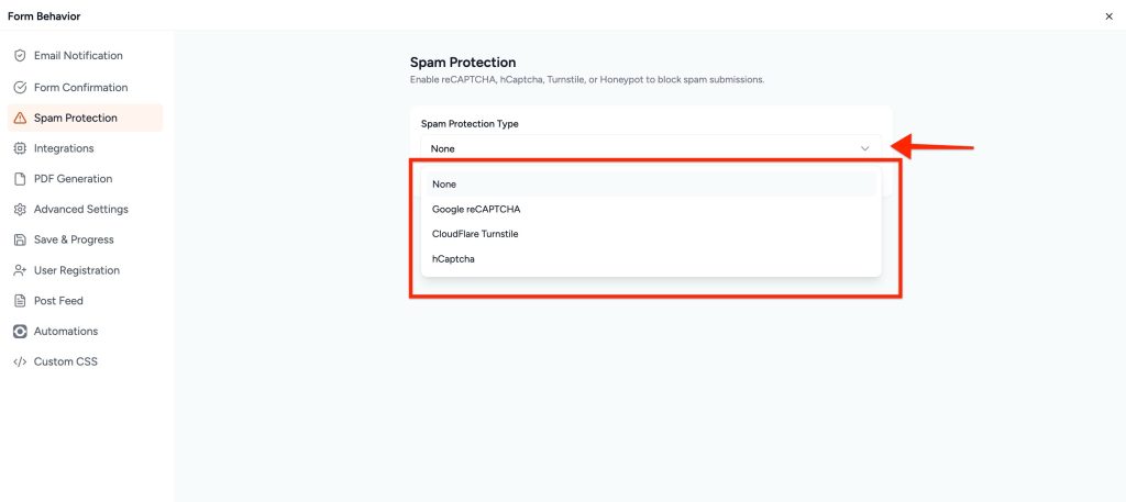 Google reCAPTCHA select security type