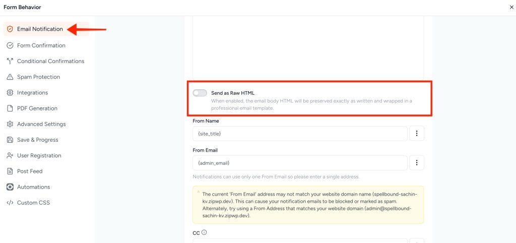 Adjust Form Notification Emails send as raw html