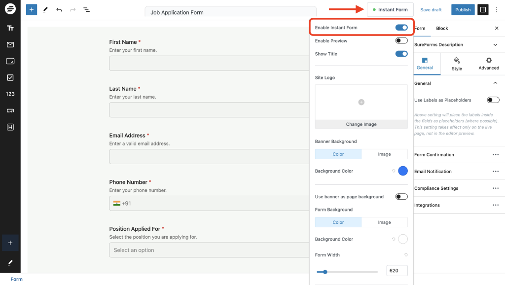 Creating and Publishing a Form Form Settings