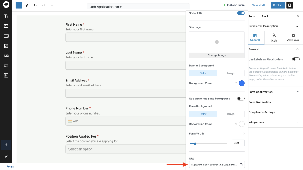 Creating and Publishing a Form change the URL