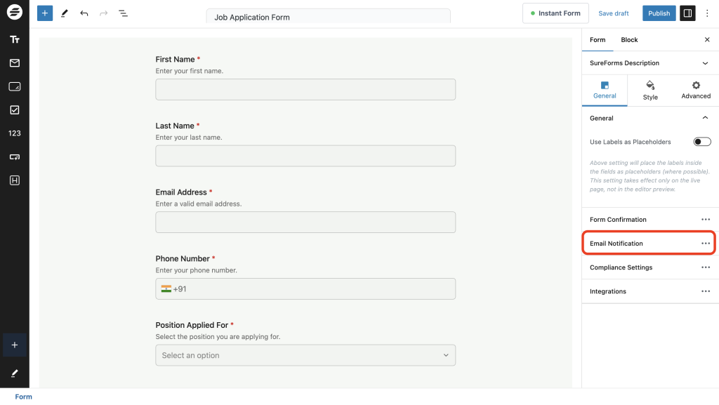 Creating and Publishing a Form General > Email Notification,