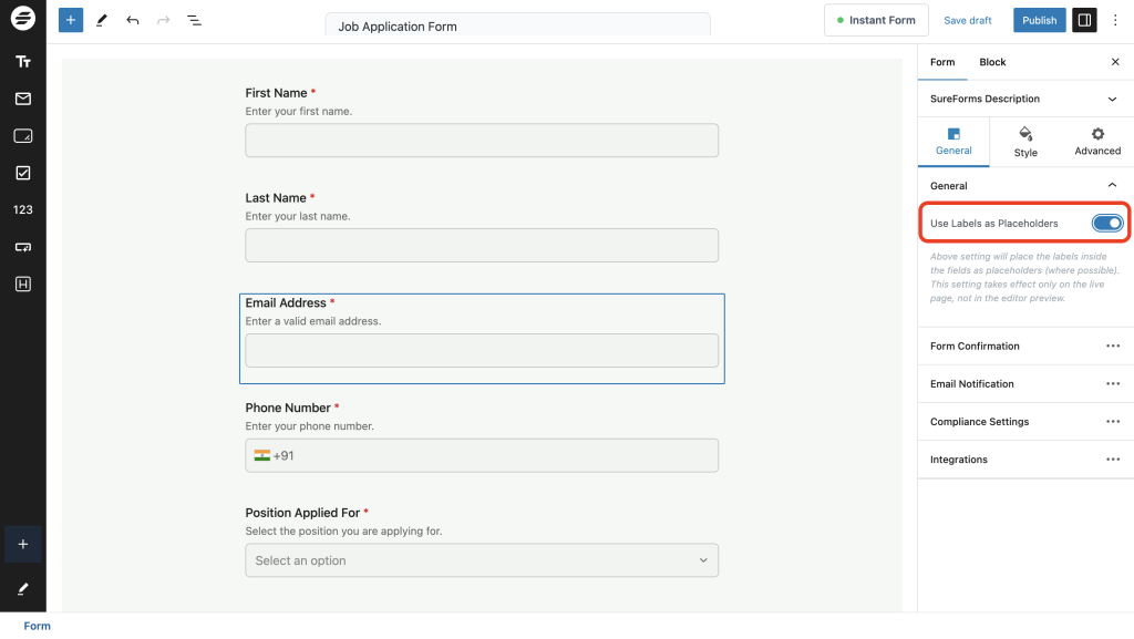 Creating and Publishing a Form placeholders