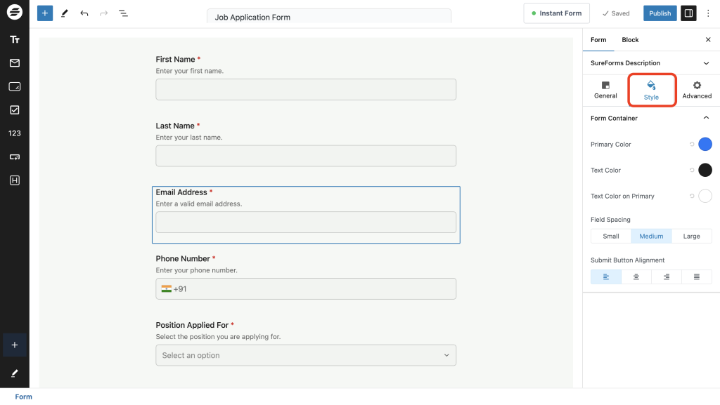 Creating and Publishing a Form Style tab
