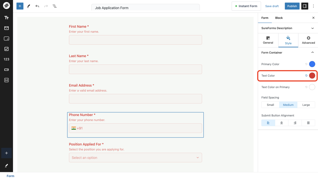 Creating and Publishing a Form Text Color