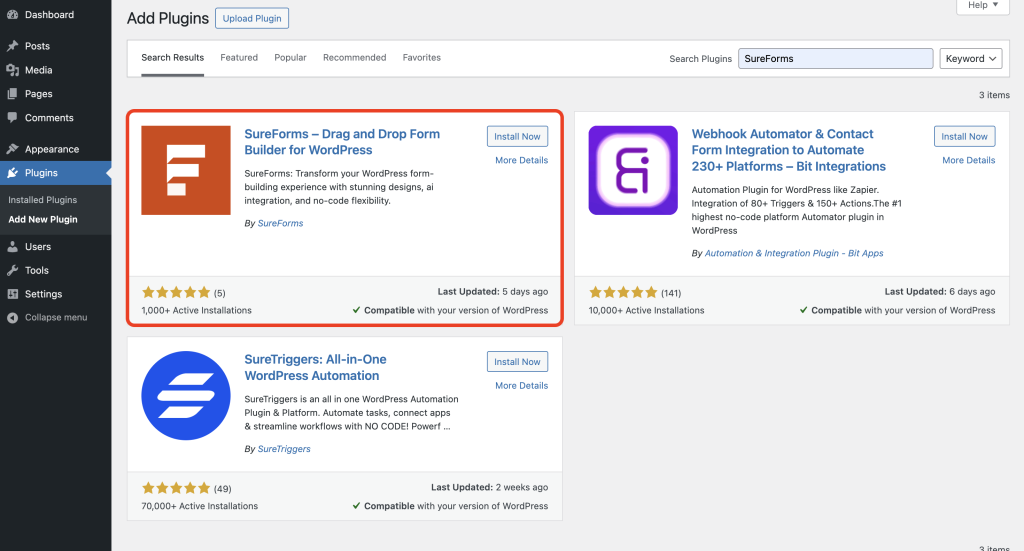 search and install the SureForms plugin