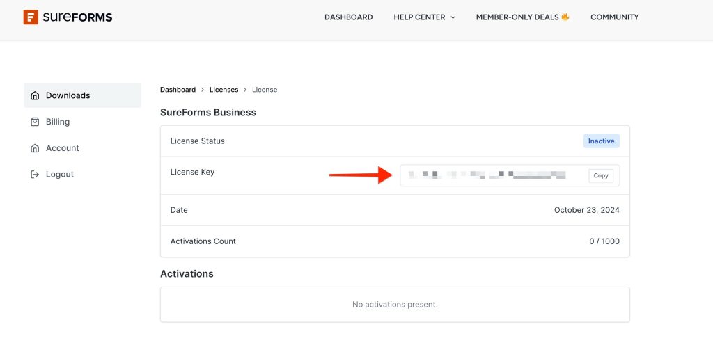 How To Upgrade Your SureForms Plan copy this license key
