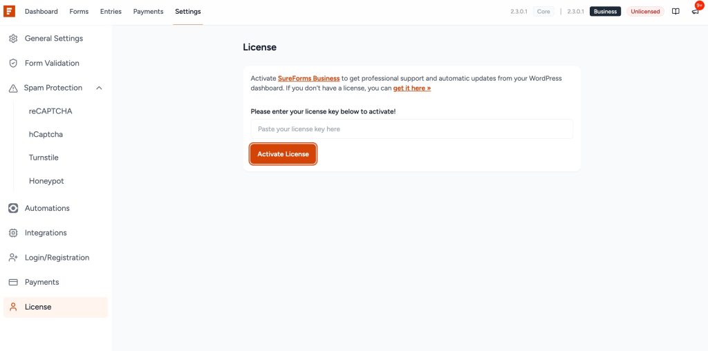 How To Upgrade Your SureForms Plan enter the license key