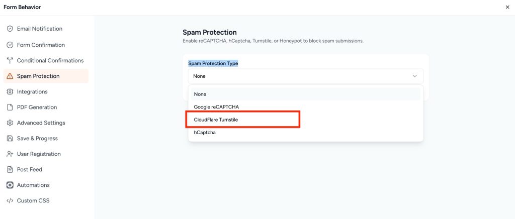 Cloudflare Turnstile spam protection type