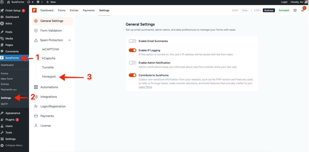 Honeypot Security sureforms > settings