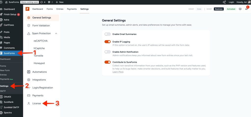 How To Upgrade Your SureForms Plan sureforms > settings > license