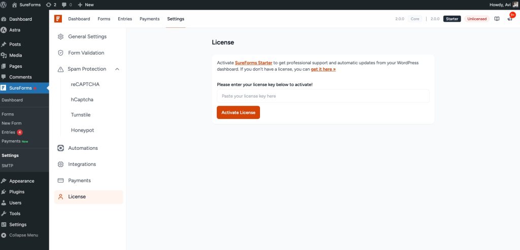 enter your sureforms license key here