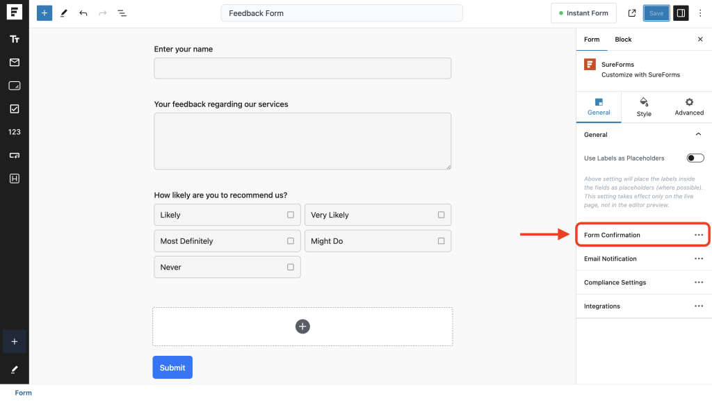 form confirmation tab
