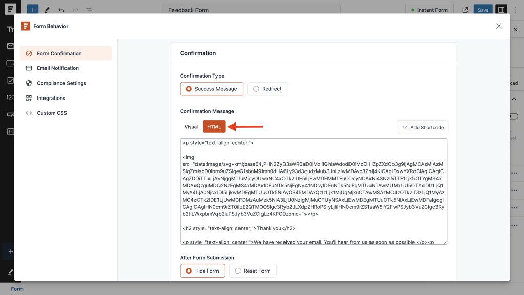 format confirmation message using HTML