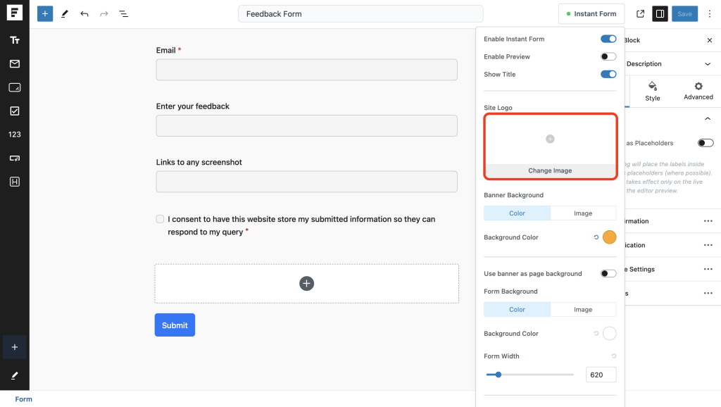 Instant Forms change or add the site logo image