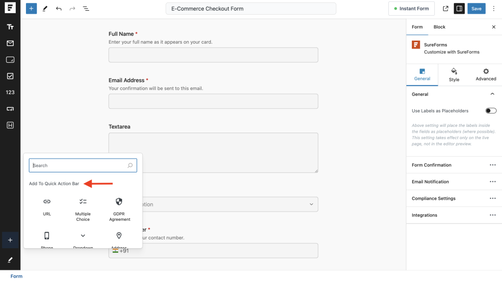 add the preferred blocks to your quick action bar