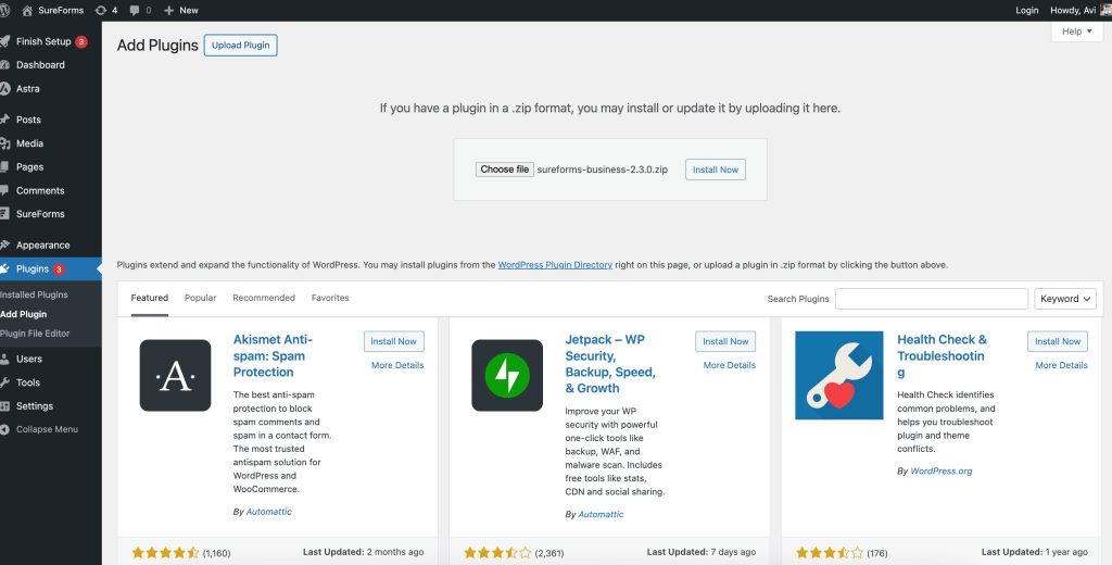How To Upgrade Your SureForms Plan upload the sureforms business plugin file