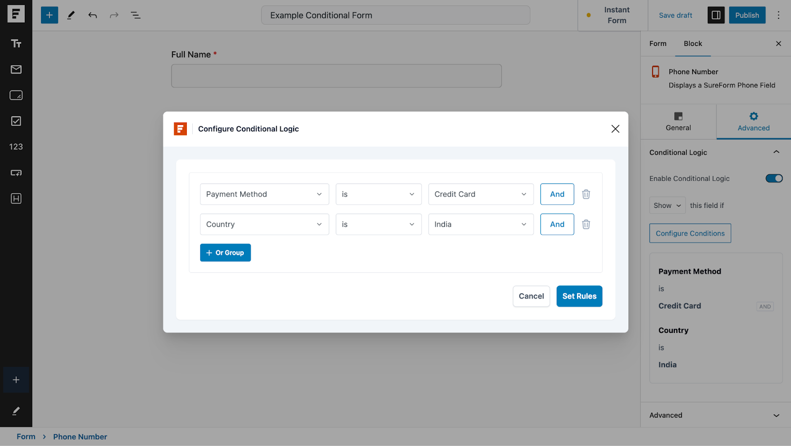 Create WordPress Forms With Conditional Logic example and logic rules