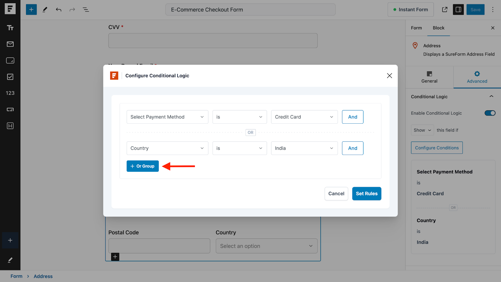 Create WordPress Forms With Conditional Logic set an or condition