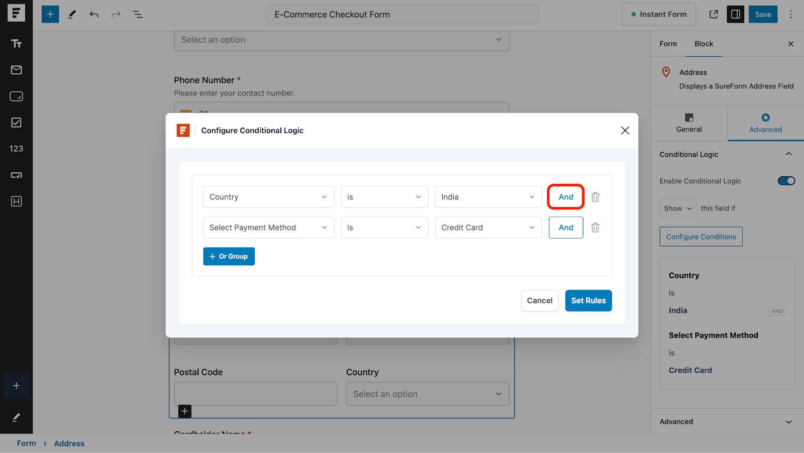 Create WordPress Forms With Conditional Logic specify an and condition