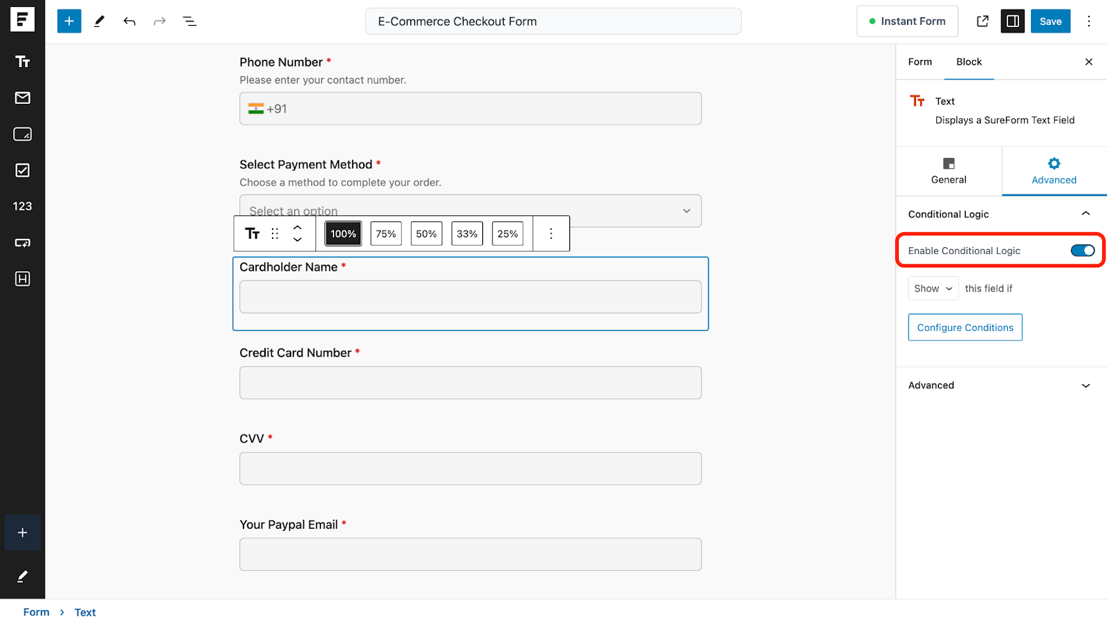Create WordPress Forms With Conditional Logic enable conditional logic for the selected field