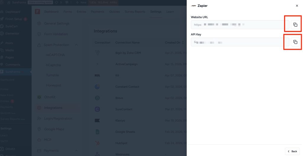 Connect SureForms To Zapier copy key