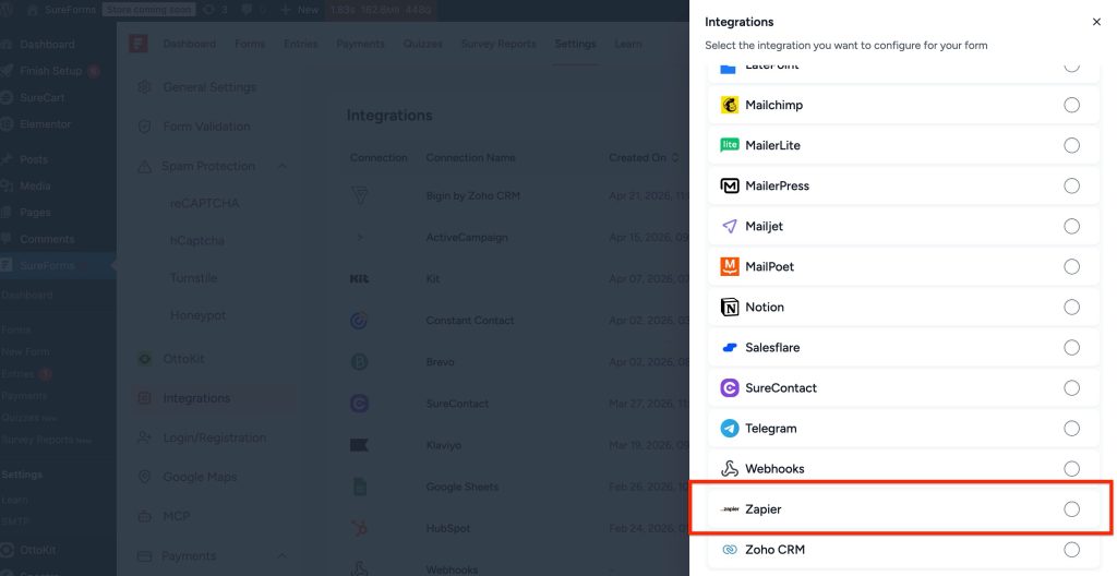 Connect SureForms To Zapier select zapier