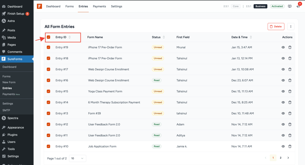bulk select entries