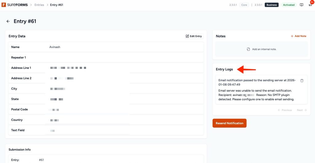 Troubleshooting Email Sending In SureForms entry logs