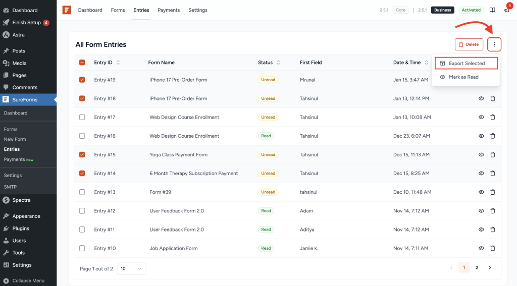 Export entries
