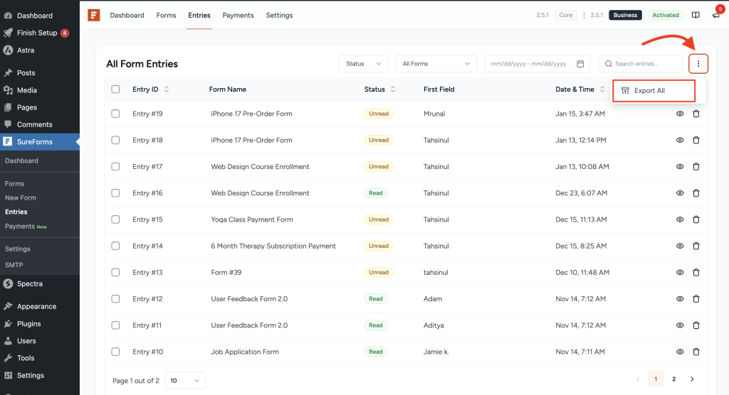 bulk export all entries
