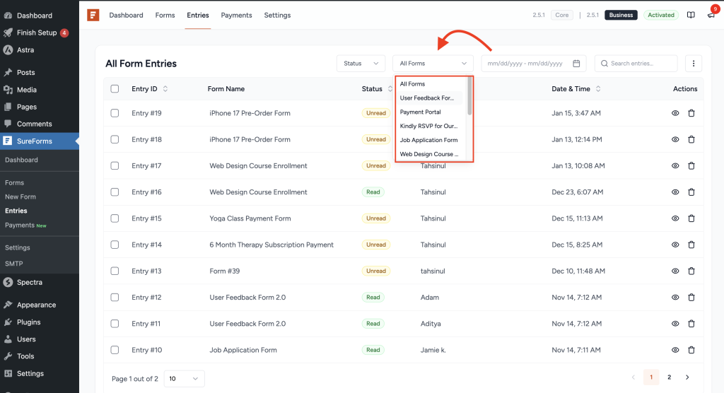 filter entries by form name