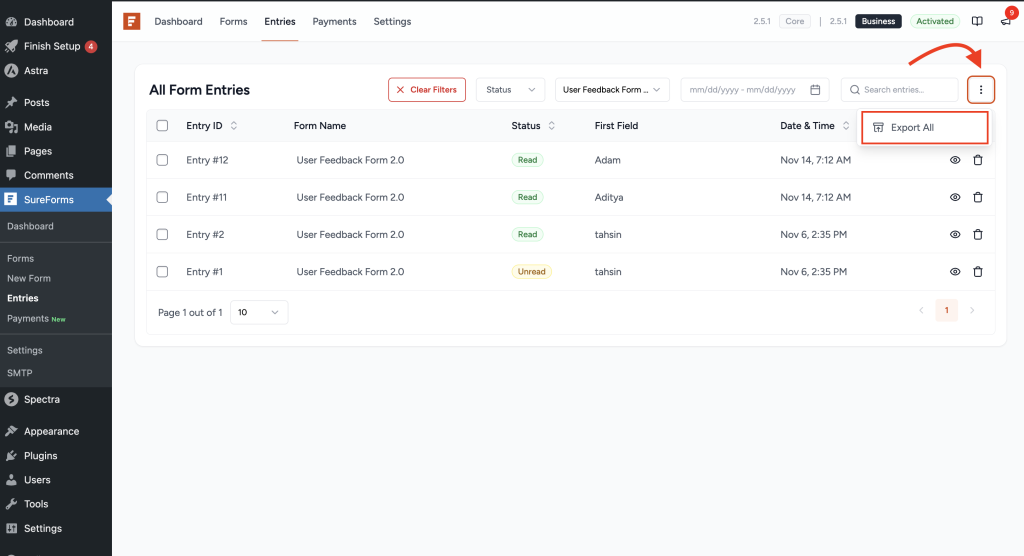 export filtered entries