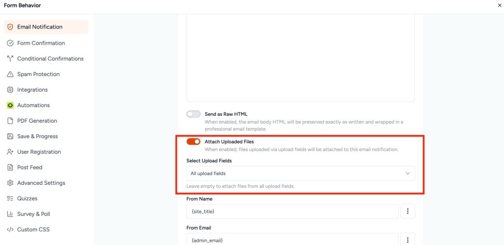 Upload Field attach uploaded files