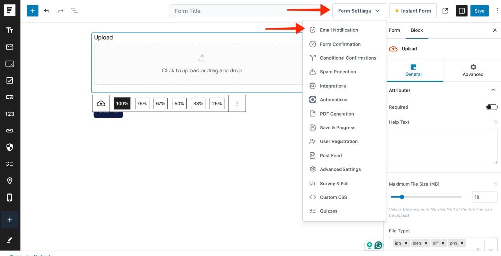 Upload Field edit form setting