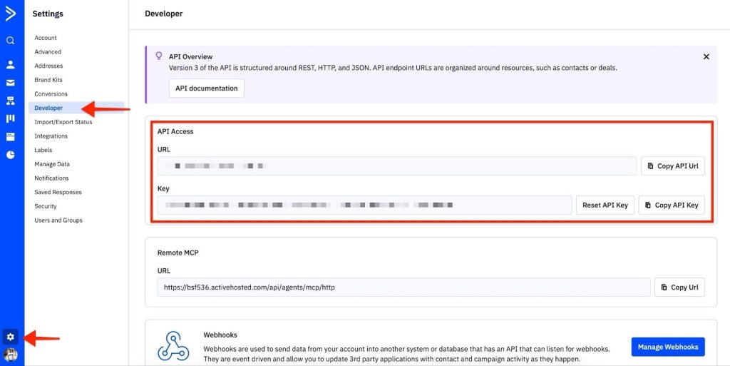 obtain your API Access URL and API Access Key