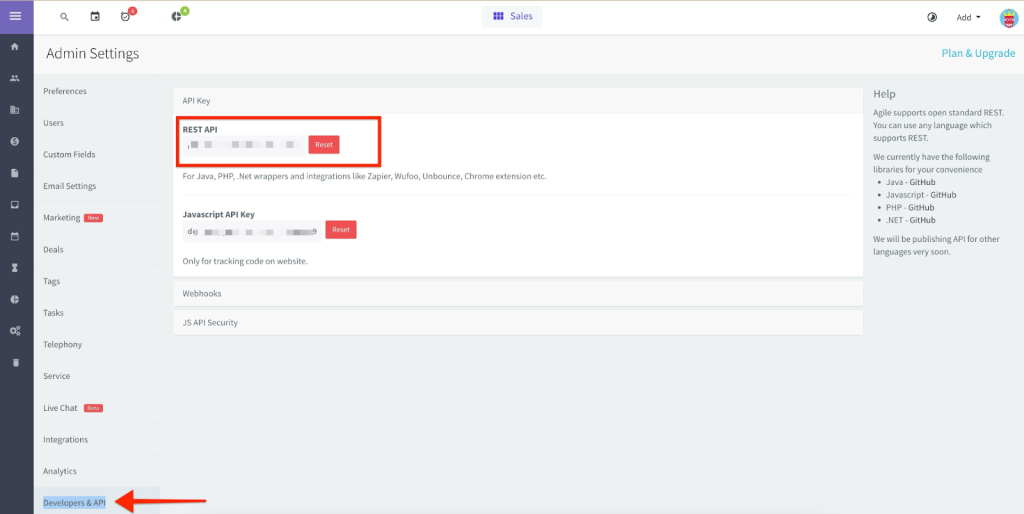 AgileCRM Developers & API → API Key