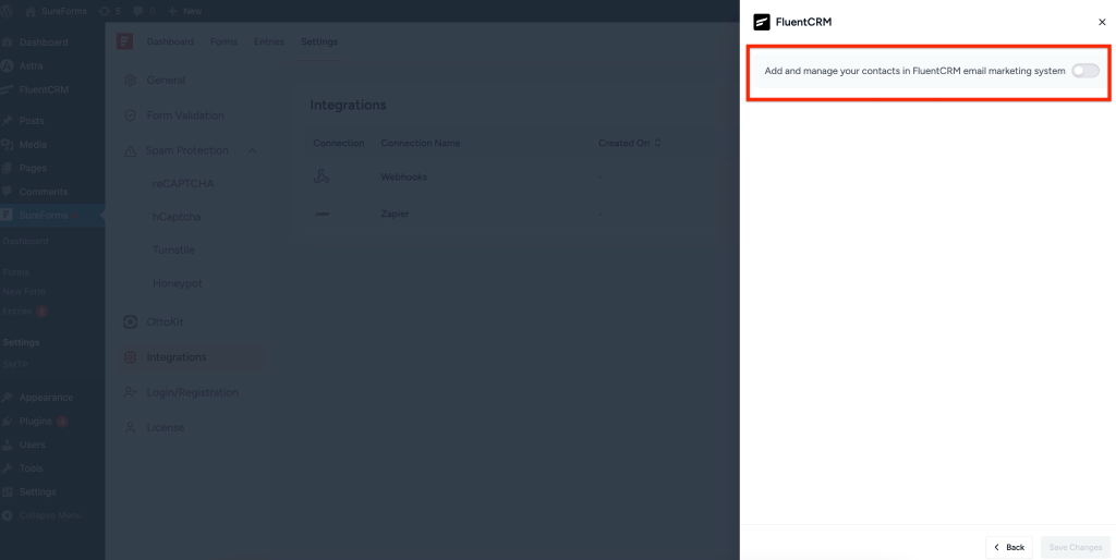SureForms Integration with FluentCRM Select FluentCRM