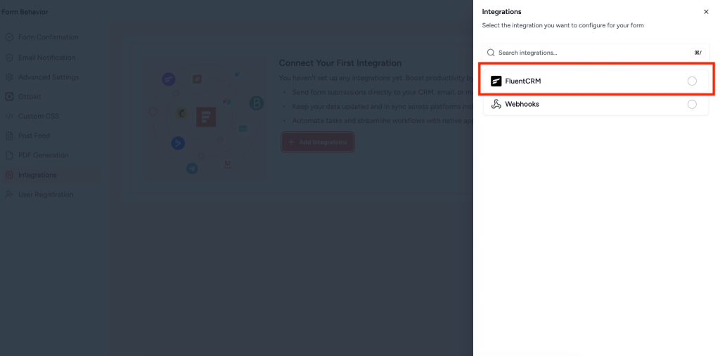 SureForms Integration with FluentCRM Select FluentCRM