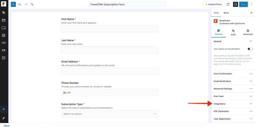 SureForms Integration with FluentCRM click on the Integrations