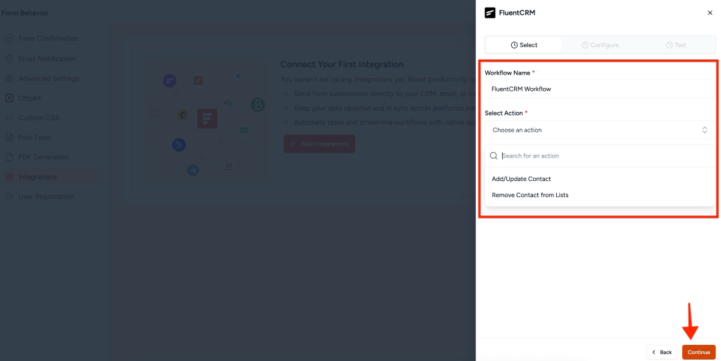 SureForms Integration with FluentCRM Select Tab