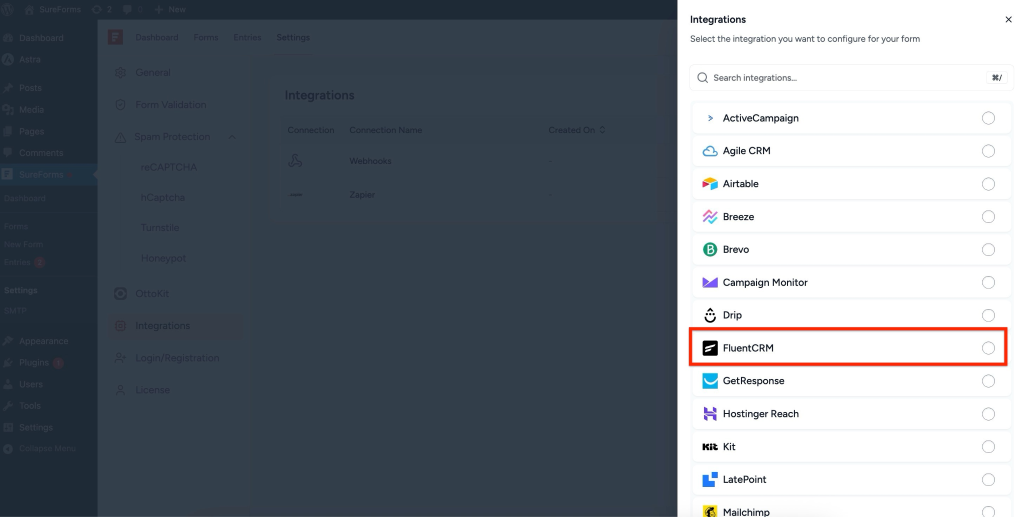 SureForms Integration with FluentCRM select FluentCRM