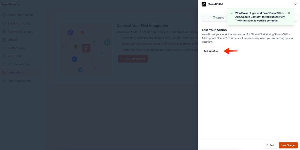 SureForms Integration with FluentCRM Test tab