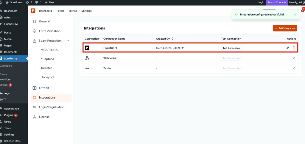 SureForms Integration with FluentCRM Integration configured