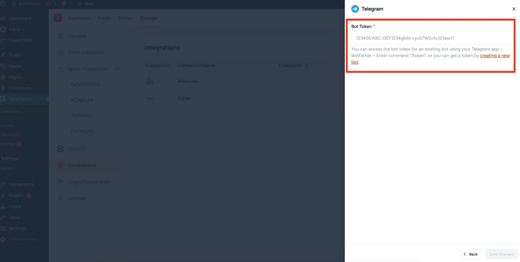 SureForms Integration with Telegram add your Bot Token