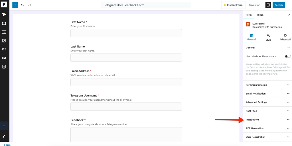 SureForms Integration with Telegram click on the Integrations tab.