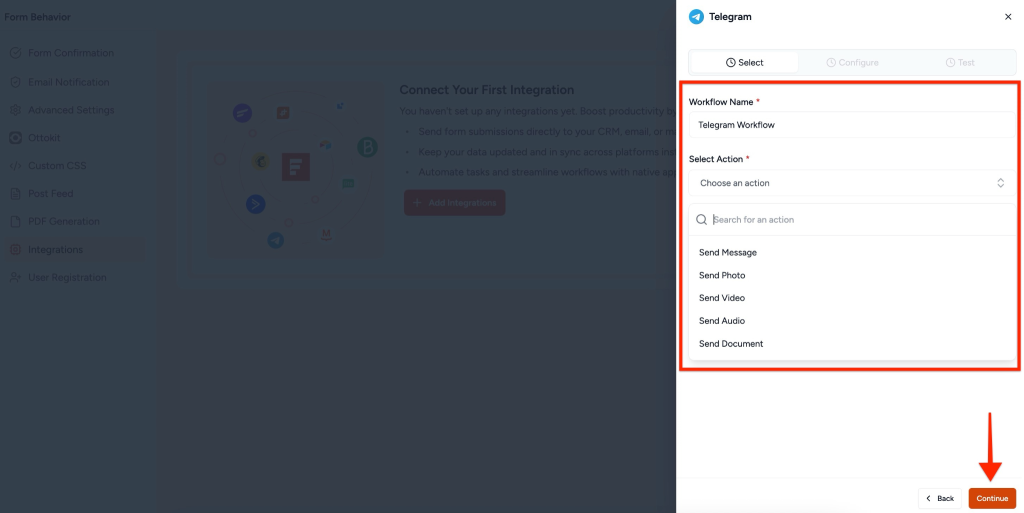 SureForms Integration with Telegram Select Tab