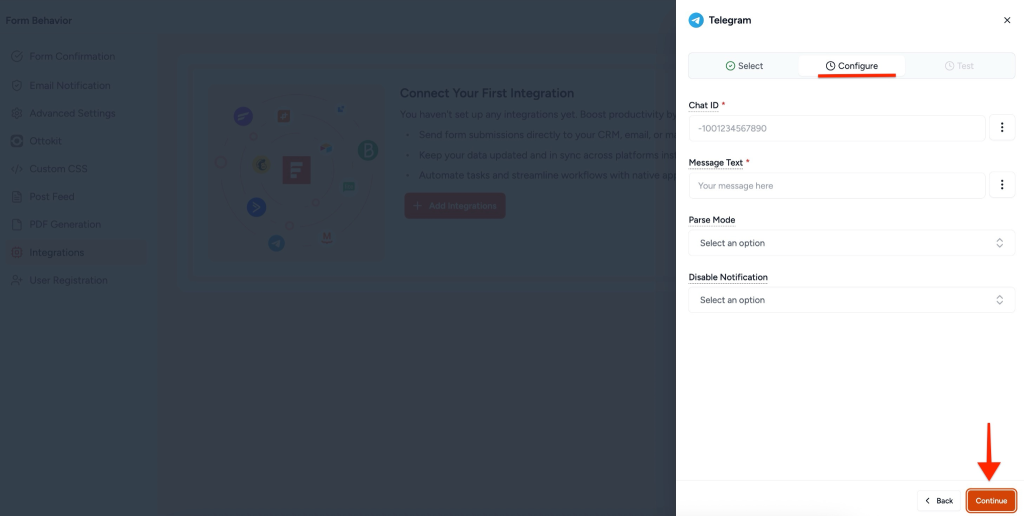 SureForms Integration with Telegram Configure Tab